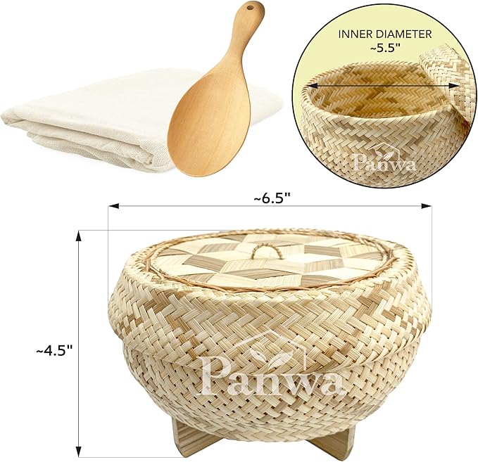 Handmade 100% Natural Thai Bamboo Sticky Rice “Electric Cooker Steamer Set” Small Pot Insert ~ 6.5 Inch Checkered Wicker Woven Lid 16’’ Cheesecloth Filter and Wooden Spoon