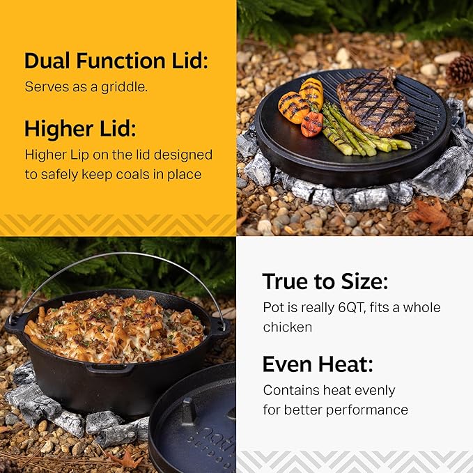 NATIVO 6QT Pre-Seasoned Outdoor Cast Iron Dutch Oven Pot with Multipurpose Lid Dutch Oven for Camping and Outdoor Cooking using Fire and Coals With Legs and Reversible Lid Grill