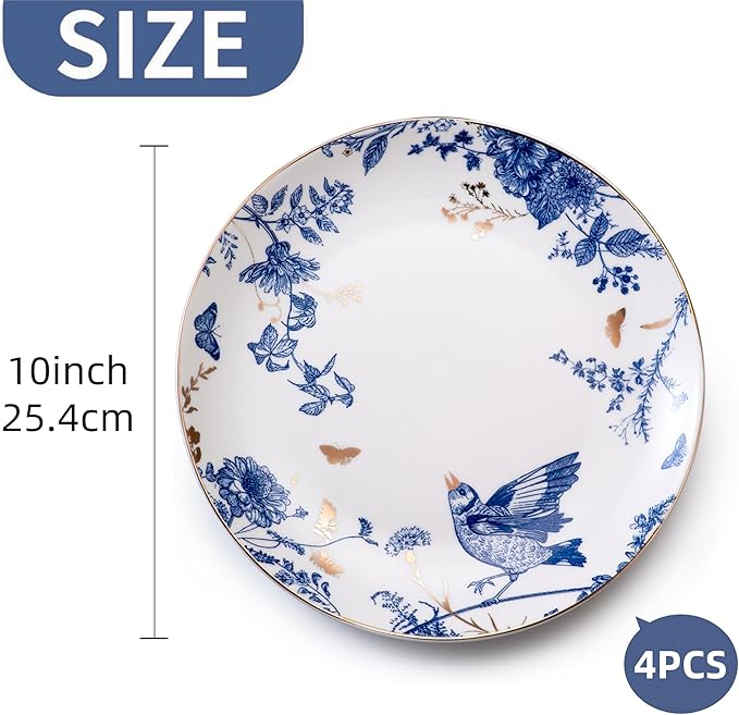 Porcelain Floral Plates 10 Inch Ceramic Salad Plates Kitchen Plates Set of 4 Blue and White Dinner Plates Pasta Plate for Appetizer DessertPartyHousewarmingGift