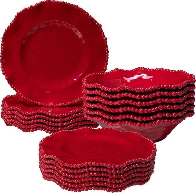 Christmas Red 18 Piece Beaded Melamine Dinnerware Sets Service for 6 Lightweight Unbreakable BPA Free With Scalloped rim Plates and Bowls Sets Dishwasher Safe Indoor and Outdoor Use