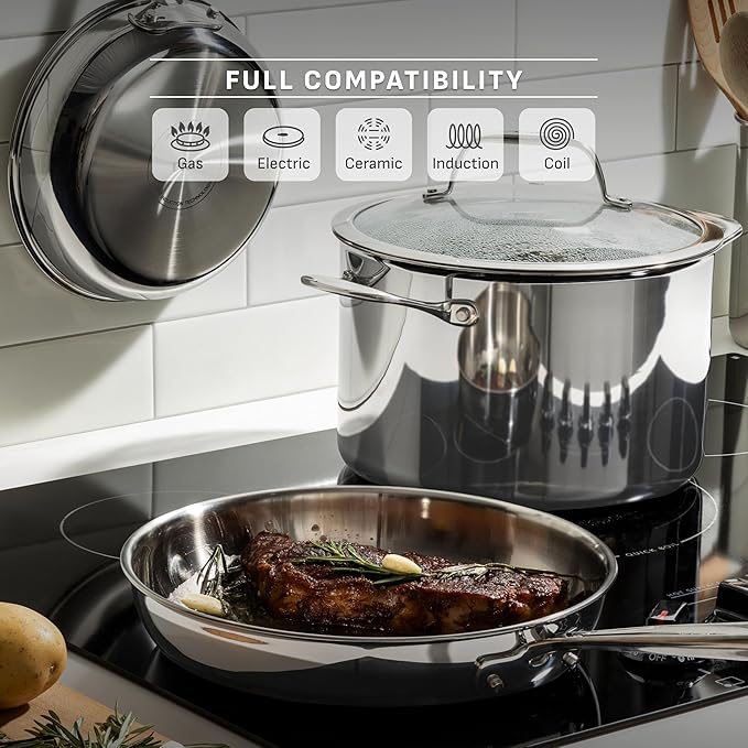 T-fal Pro Tri-Ply Stainless Steel Cookware Set 10 Piece-Induction Compatible Oven Safe 500F Lids-350F Even Heat Professional Quality Durable Induction Pots and Pans Set Silver