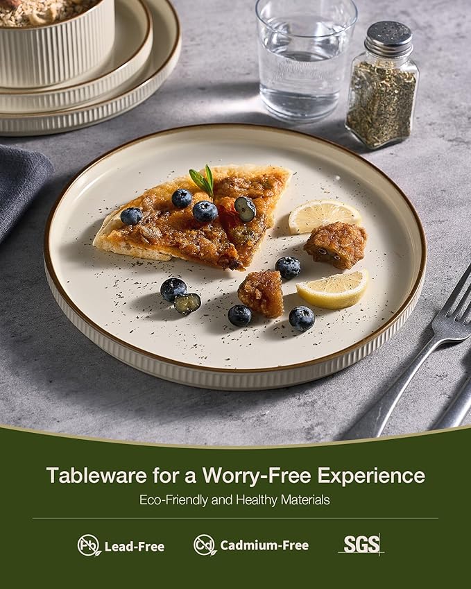 Famiware Star Dinnerware Set Plates and Bowls Sets for 4 (12pcs) Ribbed Stoneware Dishes with Trim - Chip &amp Scratch Resistant Microwave &amp Dishwasher Safe Cream