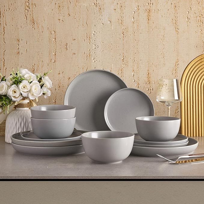 Sweese Dinnerware Sets12 Pieces Porcelain Round Plates and Bowls Sets Dishes Set for 4 Chip Scratch Dishwasher Microwave and Oven Safe Dishware Sets Grey