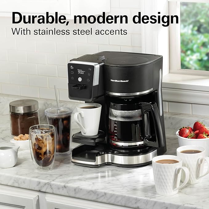 Hamilton Beach 2-Way 12 Cup Programmable Drip Hot and Iced Coffee Maker &amp Single Serve Coffee Machine Glass Carafe Auto Pause and Pour Black (47500J)