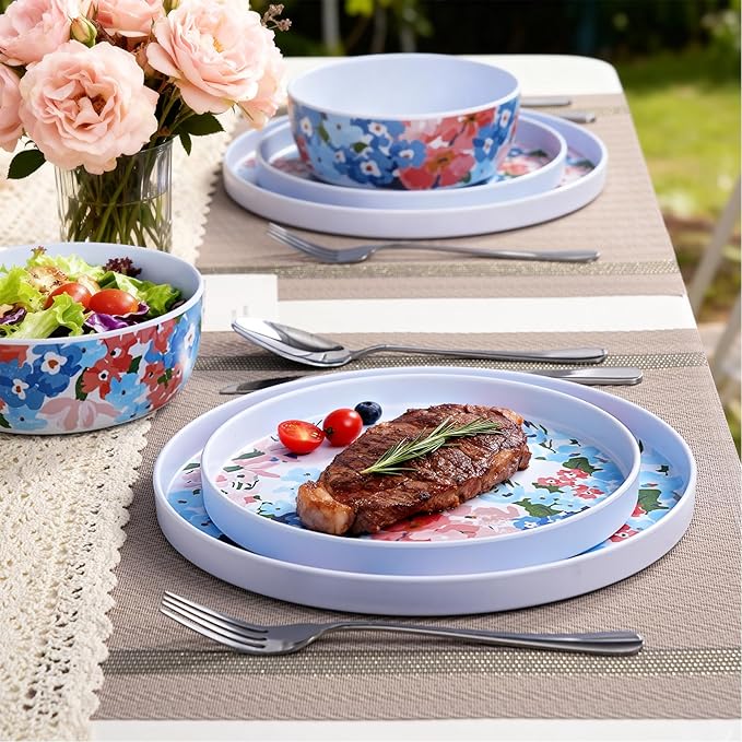 Spring Flower Melamine Dinnerware Set for 4 12 Piece Floral Plates and Bowls Set Dishwasher Safe Lightweight Dishes Straight Edge Tableware for Kitchen Indoor Outdoor RV Camping Picnic Gift
