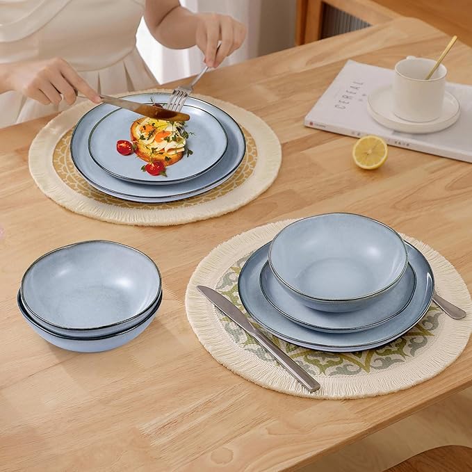 Herogo Stoneware Dinnerware Sets for 6 24 Piece Ceramic Dinner Dishes Set Irregular Handmade Plates and Bowls Dishware Crack and Scratch Resistant Reactive Glaze Smoky Blue