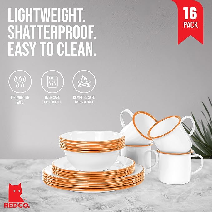 Red Co. 16-Piece Enamelware Metal Dinnerware Set for 4 Solid White/Orange Rim