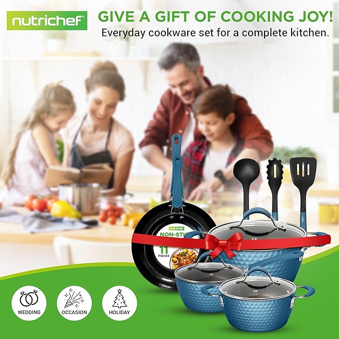 NutriChef 11 Pc Pots and Pans Set - Non Stick Cookware Set with Ceramic Coating Ergonomic Handles Induction Ready Includes Saucepan Dutch Oven Large &amp Small Fry Pans - Royal Blue