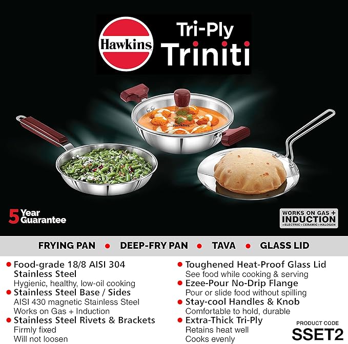 Hawkins Triniti 3 Pieces Triply Stainless Steel Cookware Set 2 - Frying Pan Tava Deep-Fry Pan with Glass Lid Silver (SSET2)
