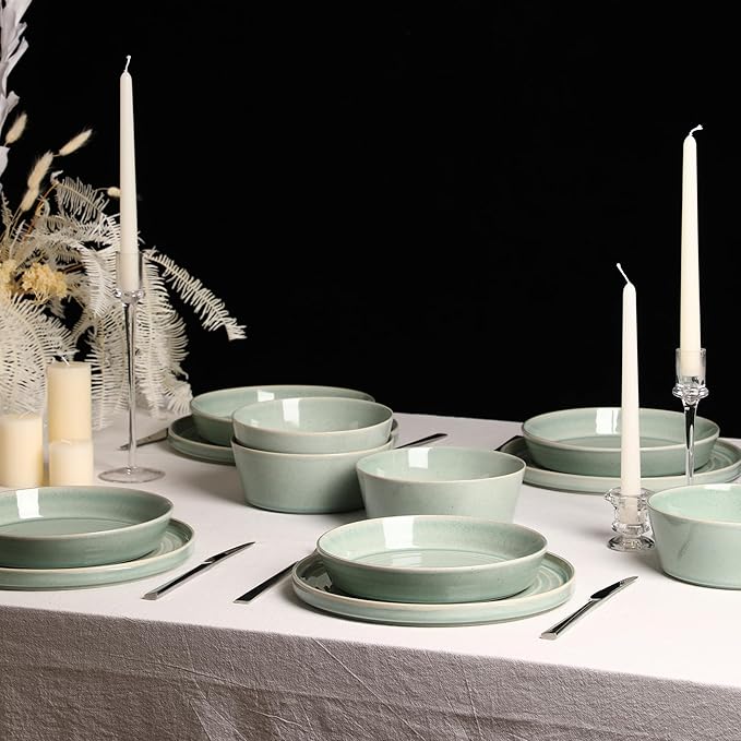 Stone Lain Claire 24-Piece Dinnerware Set Stoneware Plates and Bowls Set Dishwasher and Microwave Safe Dish Set for 8 Green