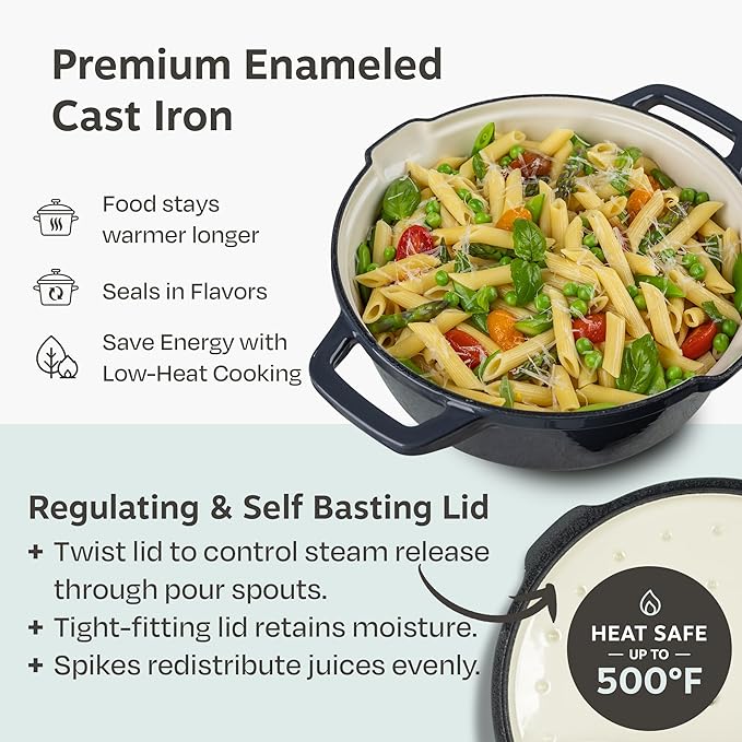 NATIVO 5 pc Stackable Cast Iron Cookware Set Versatile Enamel Dutch Oven Seasoned Grill Pan &amp Enamel Braiser with Precision Pour Spouts Universal Lid Included Spacers/Handle Holders Stormy Gr