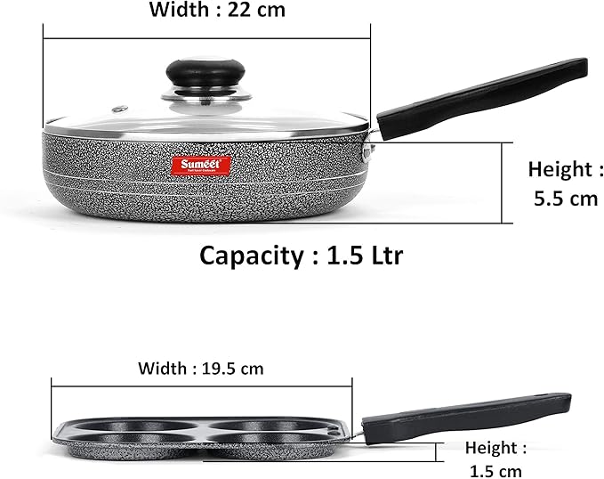 Sumeet NonStick Silfur Cookware Set (Frypan with Glass Lid - 1.5Ltr - 22Cm Dia + Mini Multi Snack Maker - 4 Cavity -19.5cm)