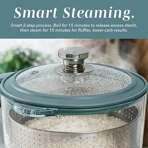 COOK WITH COLOR 3L Glass Mini Low Carb Rice Cooker – Holds 2 Cups Raw/Makes 6 Cups Cooked with Auto Lift Filter Basket Hotpot &amp Steamer for Rice Grains Digital Panel with Keep Warm Slate Blue