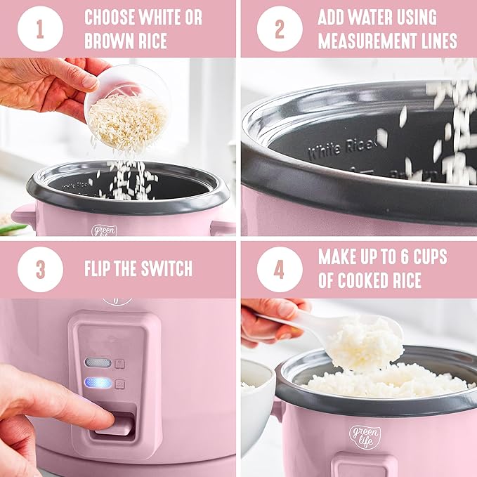 GreenLife Rice Cooker with Removable PFAS-Free Ceramic Nonstick Pot 3-Cups Uncooked/6-Cups Cooked Grains &amp Oatmeal Multicooker Compact One-Switch Design Auto Keep Warm Easy Clean Pink