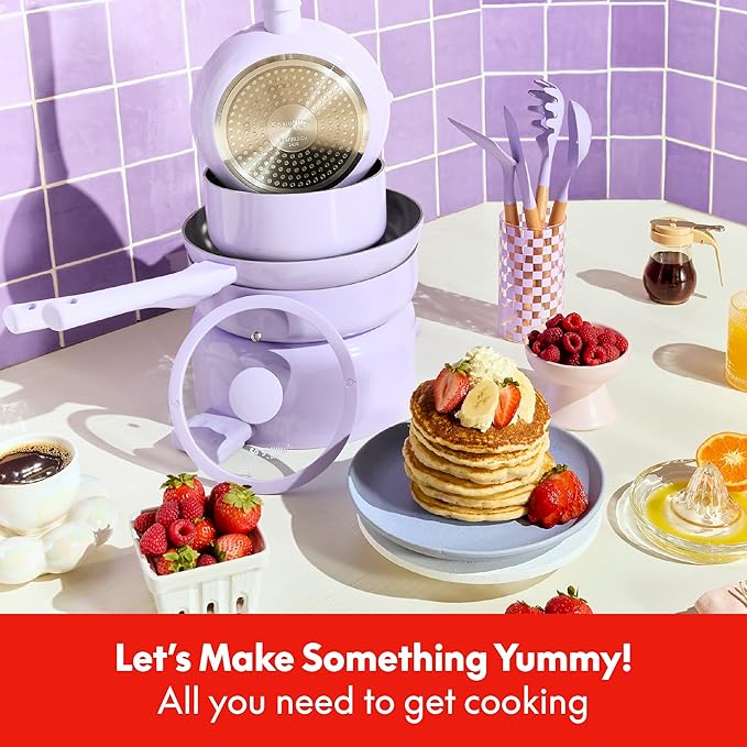 So Yummy by bella 12 Piece Cookware Set w EverGood™ Ceramic Nonstick Coating and Silicone &amp Wood Utensils Dishwasher Safe Silicone &amp Glass Lids Oven Safe &amp All Stovetop Compatible Lave