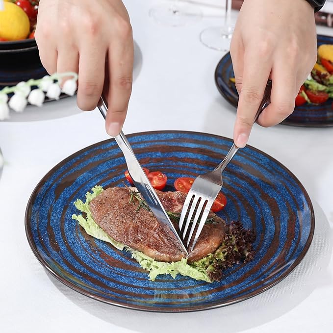 Melamine Dinnerware Set 12-Piece Plates and Bowls Set Blue Threaded Plastic Dishes Set Service for 4 BPA-Free Dishwasher Safe
