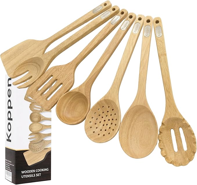 Koppen Rubber Wood Kitchen Utensils Set Durable Wooden Cooking Spoon and Spatula Ladle for Nonstick Cookware Non Toxic Heat Resistant Smooth Grip Modern Elegant Design for Everyday (7 Piece Set)