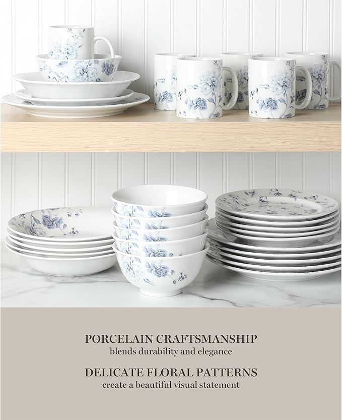 Martha Stewart Empress Bouquet 30 Piece Decorated Porcelain Chip and Scratch Resistant Dinnerware Plates and Bowls Set - Blue Floral