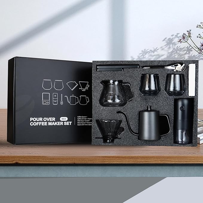 SuperCook Coffee Pour Over Kit Hand Drip with Kettle Electric Grinder Camping Travel Coffee Kit Ideal for Anniversary Birthday Gift