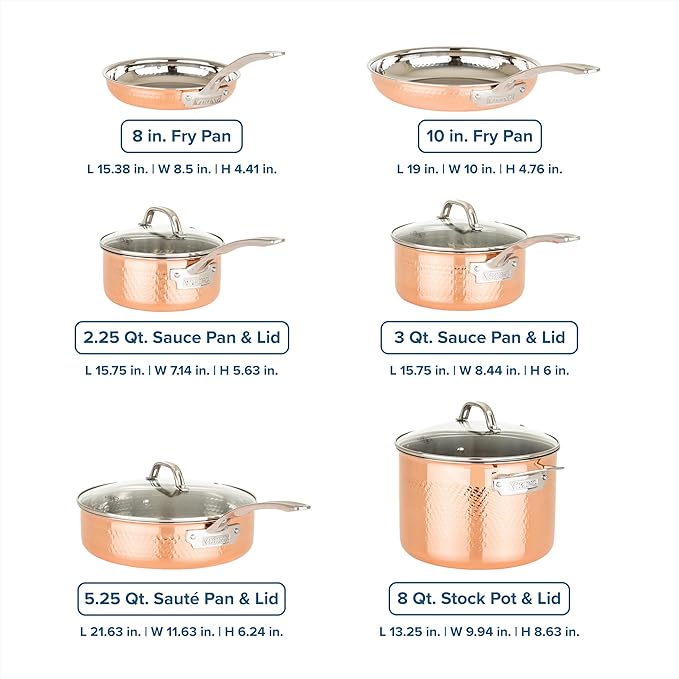Viking 3-Ply Pots and Pans Set 10 Piece Copper Kitchen Cookware with Glass Lids Hammered Copper