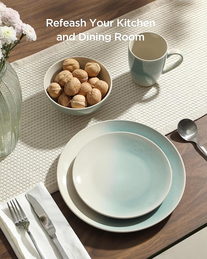 Famiware Glacier Plates and Bowls Sets + 3 Pcs Ocean Rectangular Serving Platter 15-Piece Dinnerware Sets for 4