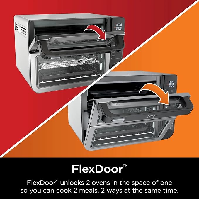 Ninja DCT400 10-in-1 Double Oven with FlexDoor FlavorSeal &amp Smart Finish Rapid Top Convection and Air Fry Bottom Bake Broil Air Roast Toast Air Fry Pizza and More Stainless Steel (Renewed