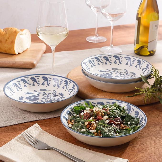 Bloomhouse - 2-Time Oprah’s Favorite Things - Valencia Flor 4 Piece Dinner Bowl Set 8” Stoneware Pasta Bowls Mediterranean Floral Decal Design Microwave &amp Dishwasher Safe Iris Blue