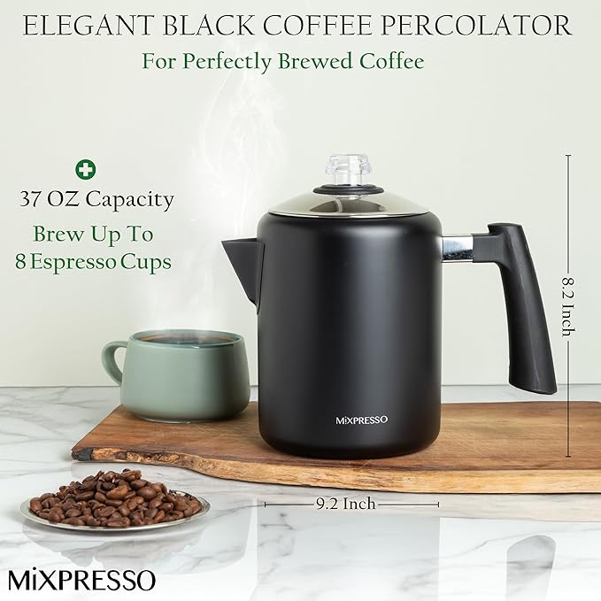 Mixpresso Black Stainless Steel Coffee Percolator Stovetop 37oz Classic Percolator Coffee Pot Great For Camping Pot 5-8 Cup Stove Top Espresso Maker Cool-Touch Handle
