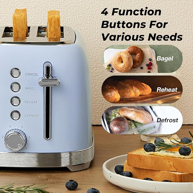 Toaster 2 Slice Retro Stainless Steel with 1.5” Extra Wide Slots Bagel Defrost Reheat Cancel Functions 6 Bread Shade Settings Removable Crumb Tray Blue