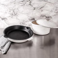 BergHOFF 3Pc Neo Enameled Cast Iron Cookware Set 3qt. Dutch Oven Matching Lid Fry Pan 10 Inches Oven Safe Up To 400°F White