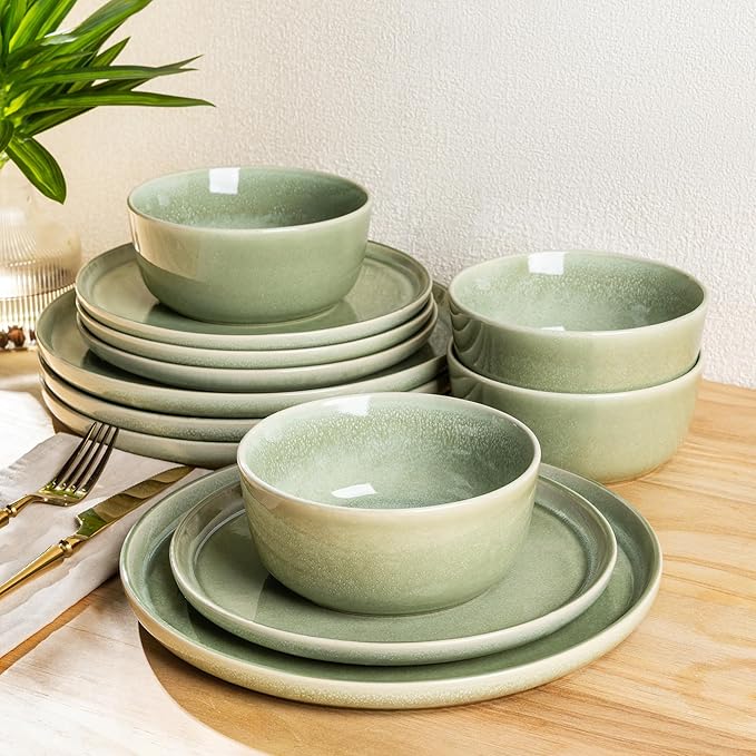 AmorArc Stoneware Dinnerware Sets for 4Round Reactive Glaze Ceramic Plates and Bowls SetHighly Scrath Resistant | Dishwasher &amp Microwave Safe Dishes SetService for 4 (12pc)