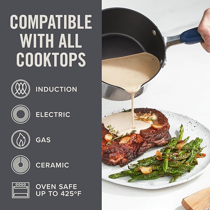 Zakarian x Dash TruPro® Nonstick Stainless Steel Stacking Sauce Pan Set - Compact Cookware Set for Everyday Cooking - Non-Stick Space-Saving and Oven-Safe - Blue 6-Piece Set
