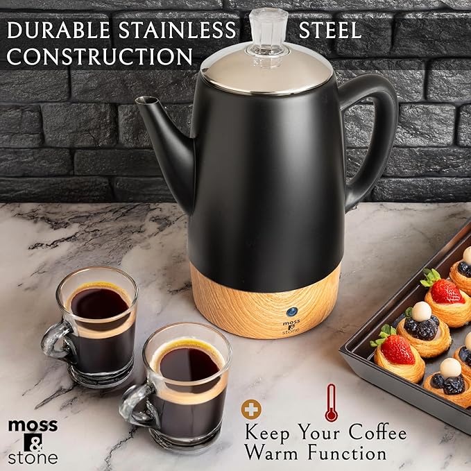 Moss &amp Stone 10 Cup Black Percolator Coffee Pot Electric Stainless Steel Coffee Percolator Electric With Keep Warm Function Classic Perculator Pot With Removable Basket for Home or Office