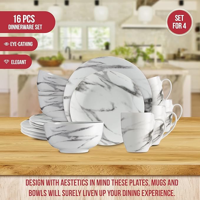 Safdie &amp Co. 16-Piece Marble Dinnerware Set Porcelain White