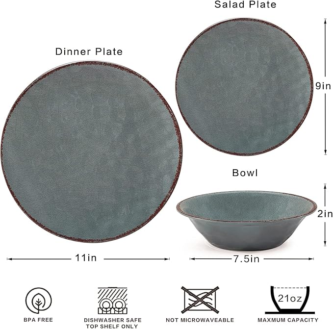 LEHAHA Rustic Farmhouse 12 Piece Melamine Camping Dinnerware Set Plates and Bowls Sets Indoor and Outdoor Use Lightweight and Unbreakable Kitchen dishes Set for 4(Grey)