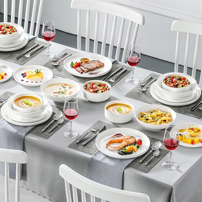 MALACASA Plates and Bowls Sets 24 Pieces Modern Porcelain Dinnerware Set for 6 Ceramic Dishware Dishes White Kitchen Dinner Dining Ware Set Microwave and Dishwasher Safe Series LUNA