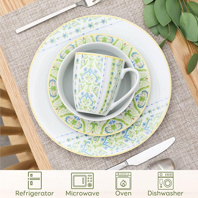VEWEET Series Magda 16-Piece Dinner Set of Porcelain Combination Set with 10.75 Dinner Plate 7.5 Dessert Plate 5.5 Cereal Bowl and 380ml Mug Service for 4