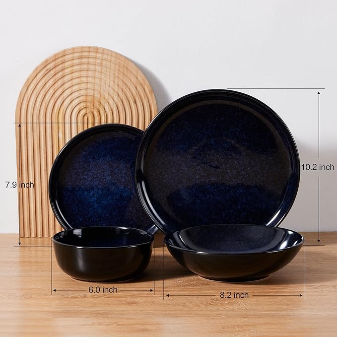 LIANYU Stoneware Dinnerware Sets with Pasta Bowls 16 Piece Plates and Bowls Dishes Set for 4 Dishwasher Safe Dining Ware Dishware for Home Kitchen Microwave Safe Midnight Blue