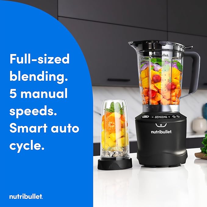 nutribullet® SmartSense Blender Combo 1400W 64oz Pitcher 32oz &amp 24oz Cups 5-Speed Smoothies Ice and Frozen Fruit Nut Milk Soup Matte Black NBF50700AK