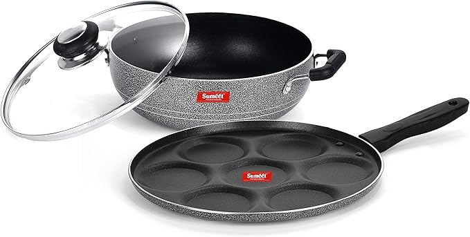 Sumeet NonStick Sudrabs Cookware Set (Kadhai with Glass Lid -2Ltr - 22Cm Dia + Multi Snack Maker - 7 Cavity - 26.5Cm Dia)