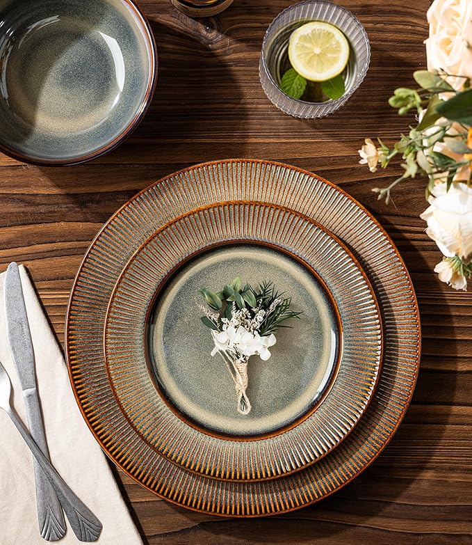 TheTerra Stoneware Dinnerware Sets for 4 12 Pieces Ceramic Plates and Bowls Sets Scratch Resistant Embossed Dish Set Oven Microwave &amp Dishwasher Safe Coca Mocha