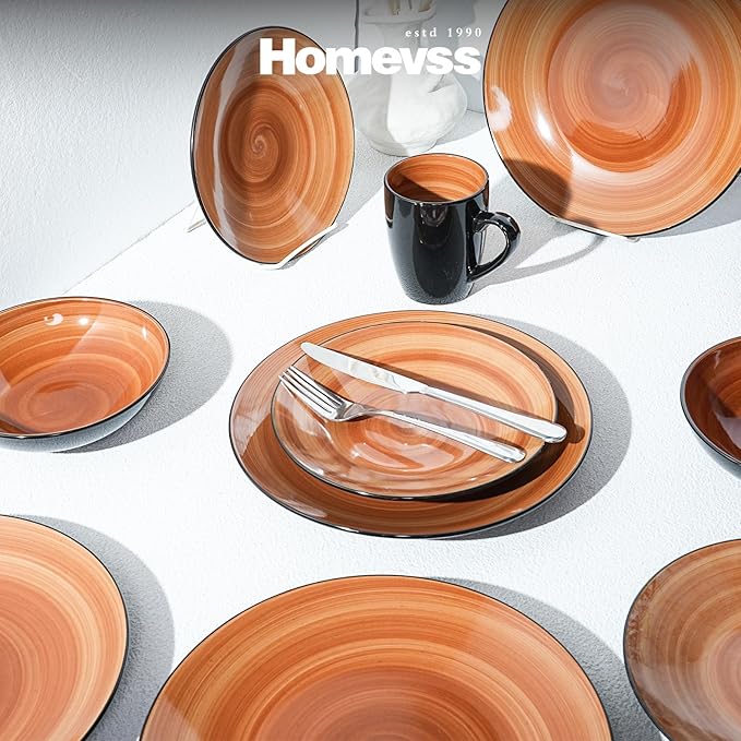 Sonoma Stoneware 16pc Dinnerware Set Outside Black + Inside Hand Painting Color Spice
