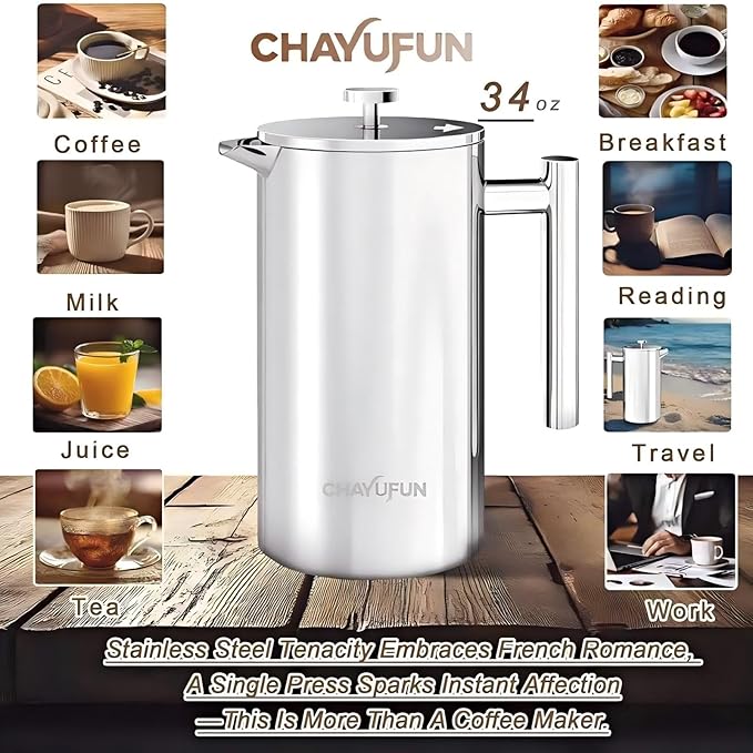 Premium Stainless Steel French Press Coffee Maker (5 Pack Filter)- 34oz/1L Thermal Insulated 304 Rust-Proof Metal Press - Heat-Resistant Ergonomic Handle BPA Free(Dishwasher Safe)