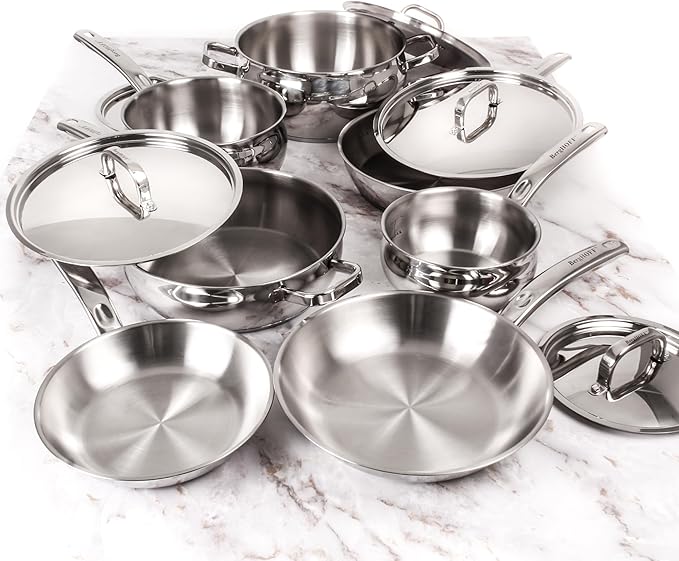 BergHOFF Belly Shape 18/10 Stainless Steel 12Pc Cookware Set Metal Lids Fast Evenly Heat Induction Cooktop Ready