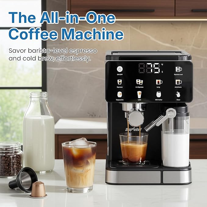 Espresso &amp Americano Machine with Cold Brew Iced Coffee Maker with Ground/Capsule Dual Brewing Touchscreen Milk Frother Latte &amp Cappucinno Maker with 51OZ Water Tank Self-clean Black