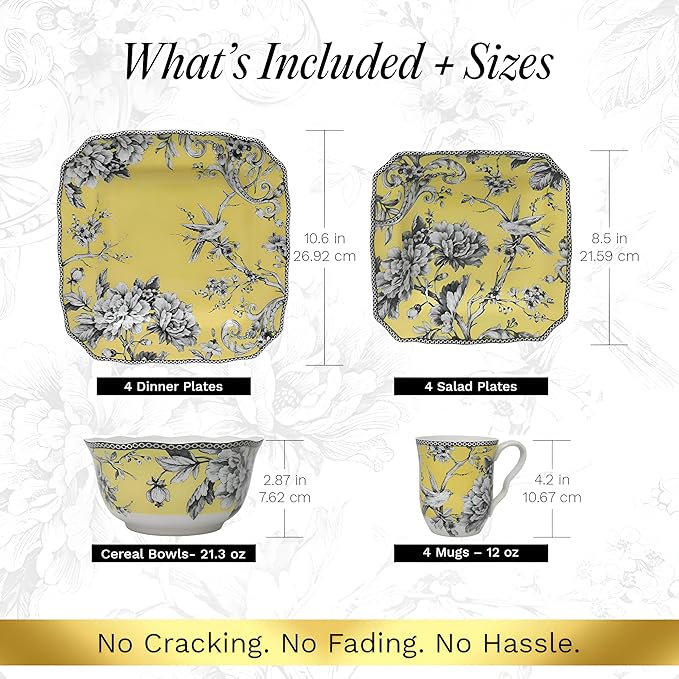 222 Fifth Adelaide 16-Piece Square Floral Dinnerware Set – Service for 4Yellow Porcelain Big Dinner Plates and Bowls Sets for Everyday Entertainment Microwave &amp Dishwasher Safe Chip Resistant