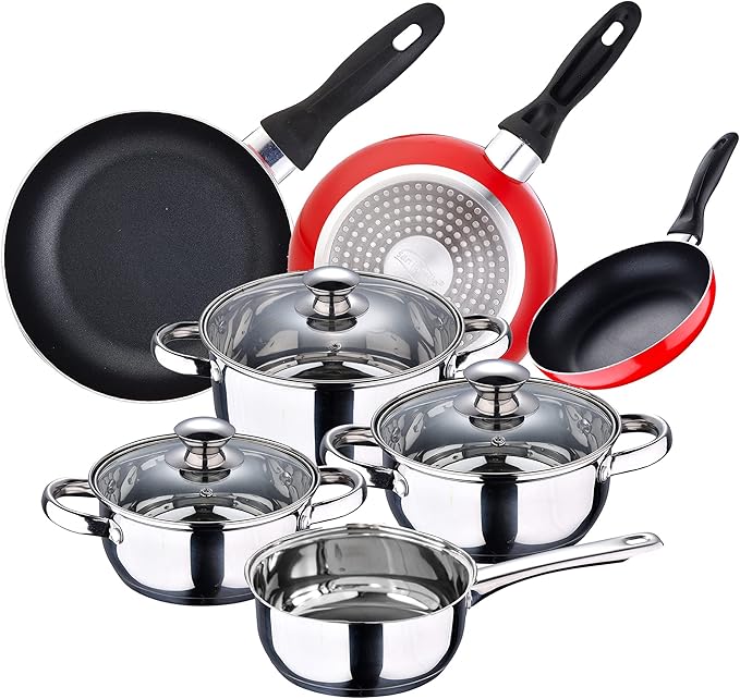 San Ignacio 7-Piece Cookware Set in Stainless Steel + Set of 3 Frying Pans 16/20/24 cm