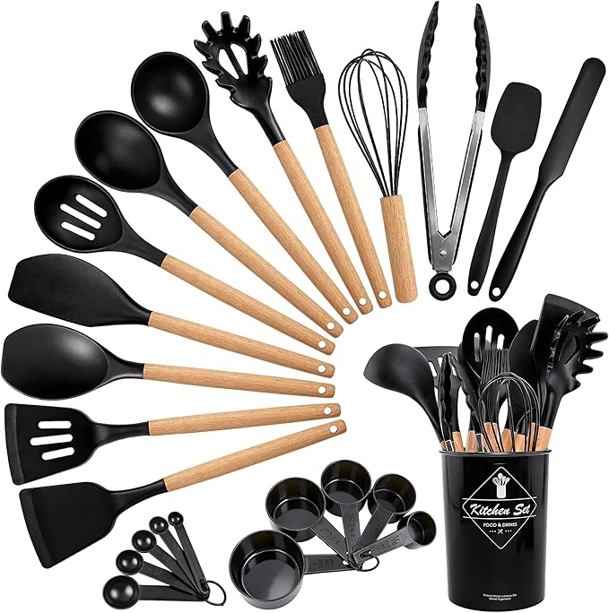 BlingKingdom Premium Silicone Cooking Utensil Set 24-Piece Non-stick Kitchen Cooking Utensils with Wooden Handle 446°F Heat Resistant Silicone Kitchen Utensil Tool for Nonstick Cookware - Black