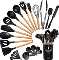 BlingKingdom Premium Silicone Cooking Utensil Set 24-Piece Non-stick Kitchen Cooking Utensils with Wooden Handle 446°F Heat Resistant Silicone Kitchen Utensil Tool for Nonstick Cookware - Black