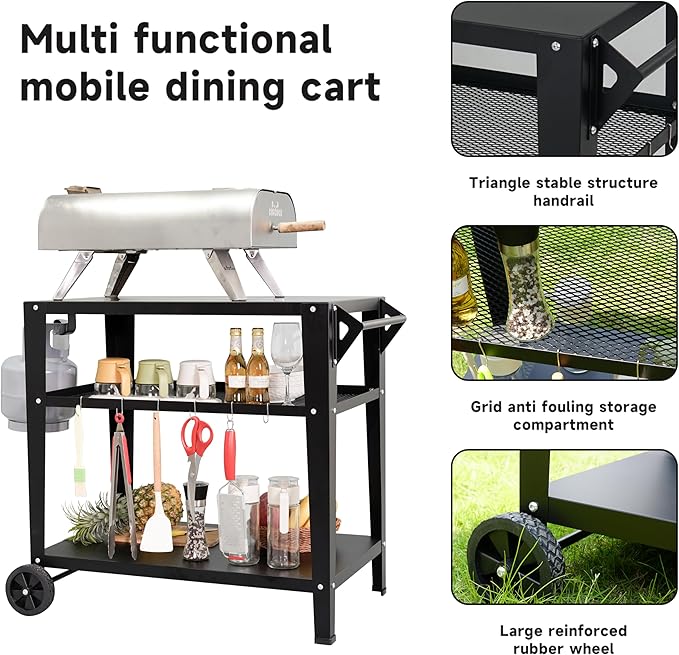 Black Outdoor Grill Cart with Wheels Heavy-Duty 3-Tier BBQ Prep Table for Pizza Oven Griddle Patio – Rustproof Commercial Kitchen Cart with Tool Hooks